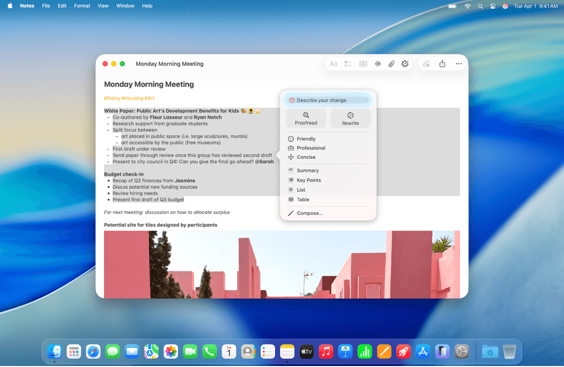 Apple Writing Tools menu on Mac for proofreading, rewriting, and summarizing selected text